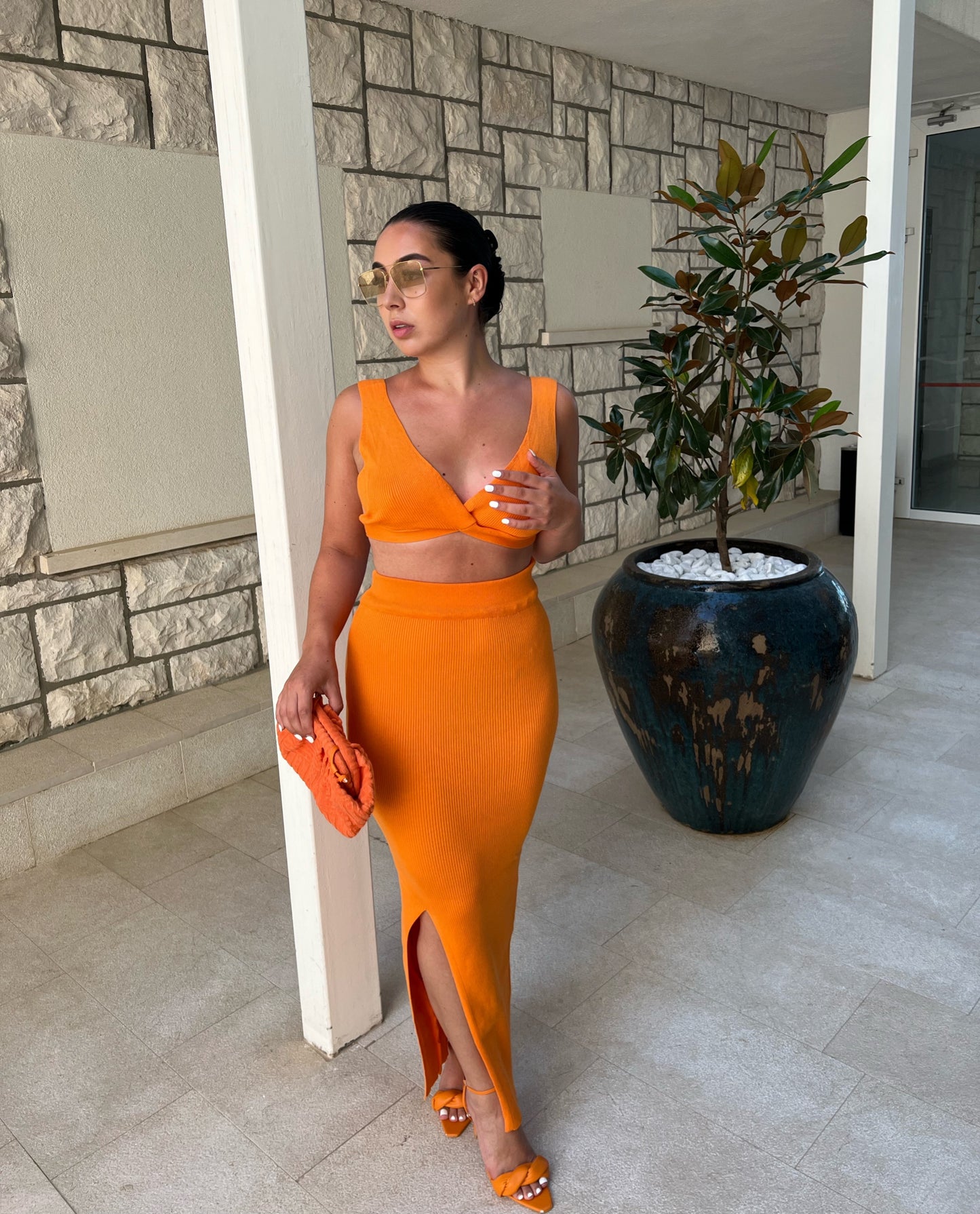 ORANGE KNIT BRALET AND SLIT LEG MAXI SKIRT