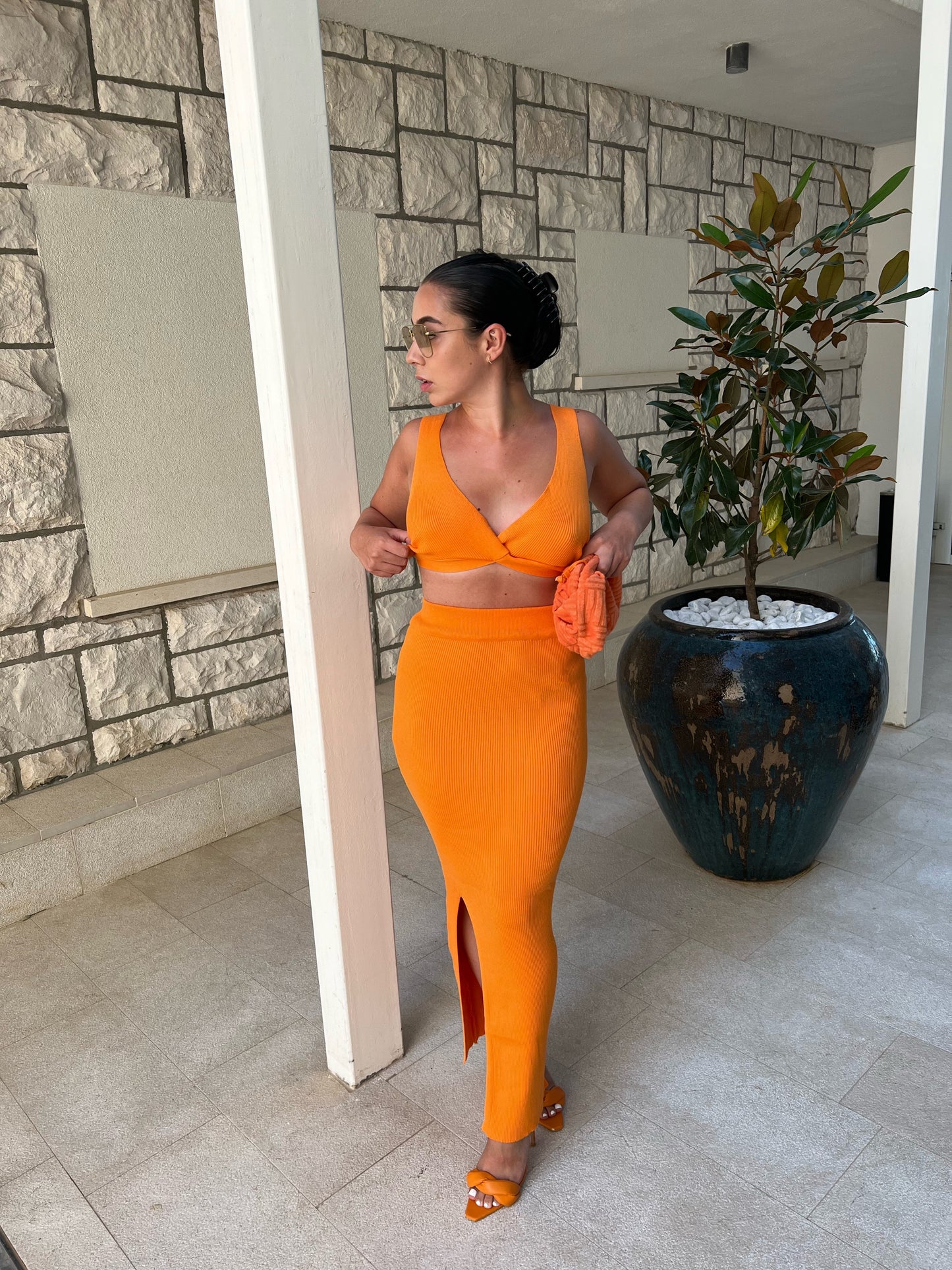 ORANGE KNIT BRALET AND SLIT LEG MAXI SKIRT