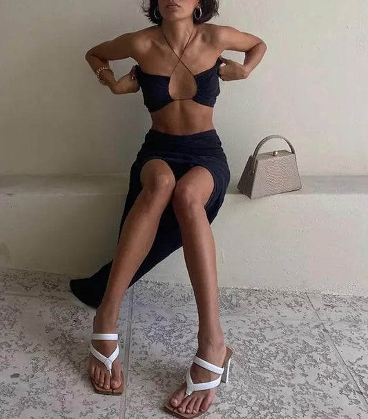 BLACK SPLIT LEG SKIRT AND STRAP CROP TOP CO-ORD