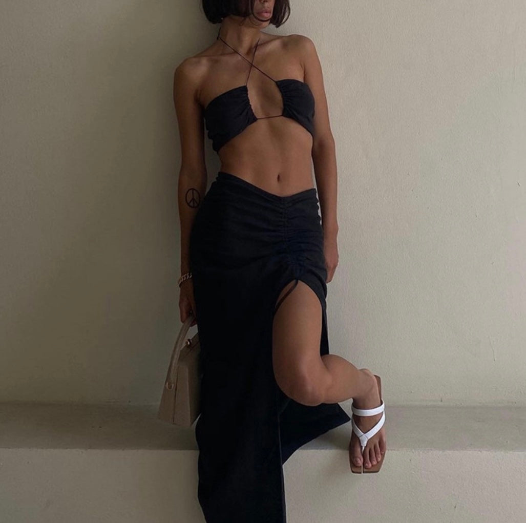 BLACK SPLIT LEG SKIRT AND STRAP CROP TOP CO-ORD