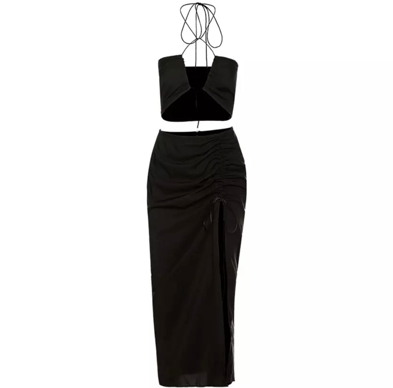 BLACK SPLIT LEG SKIRT AND STRAP CROP TOP CO-ORD