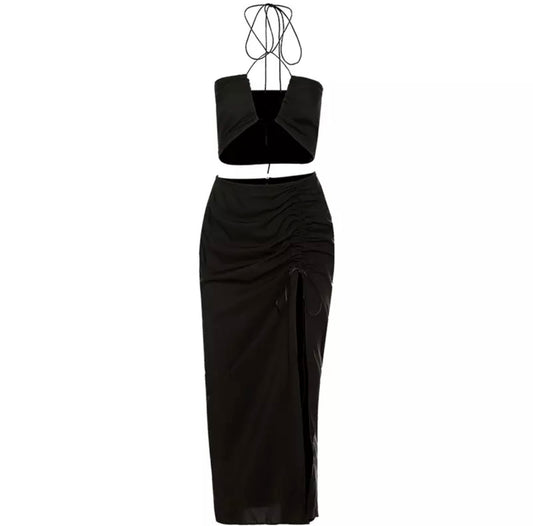 BLACK SPLIT LEG SKIRT AND STRAP CROP TOP CO-ORD