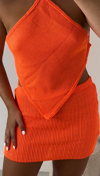 ORANGE KNIT HALTER CROP TOP AND MINI SKIRT CO-ORD