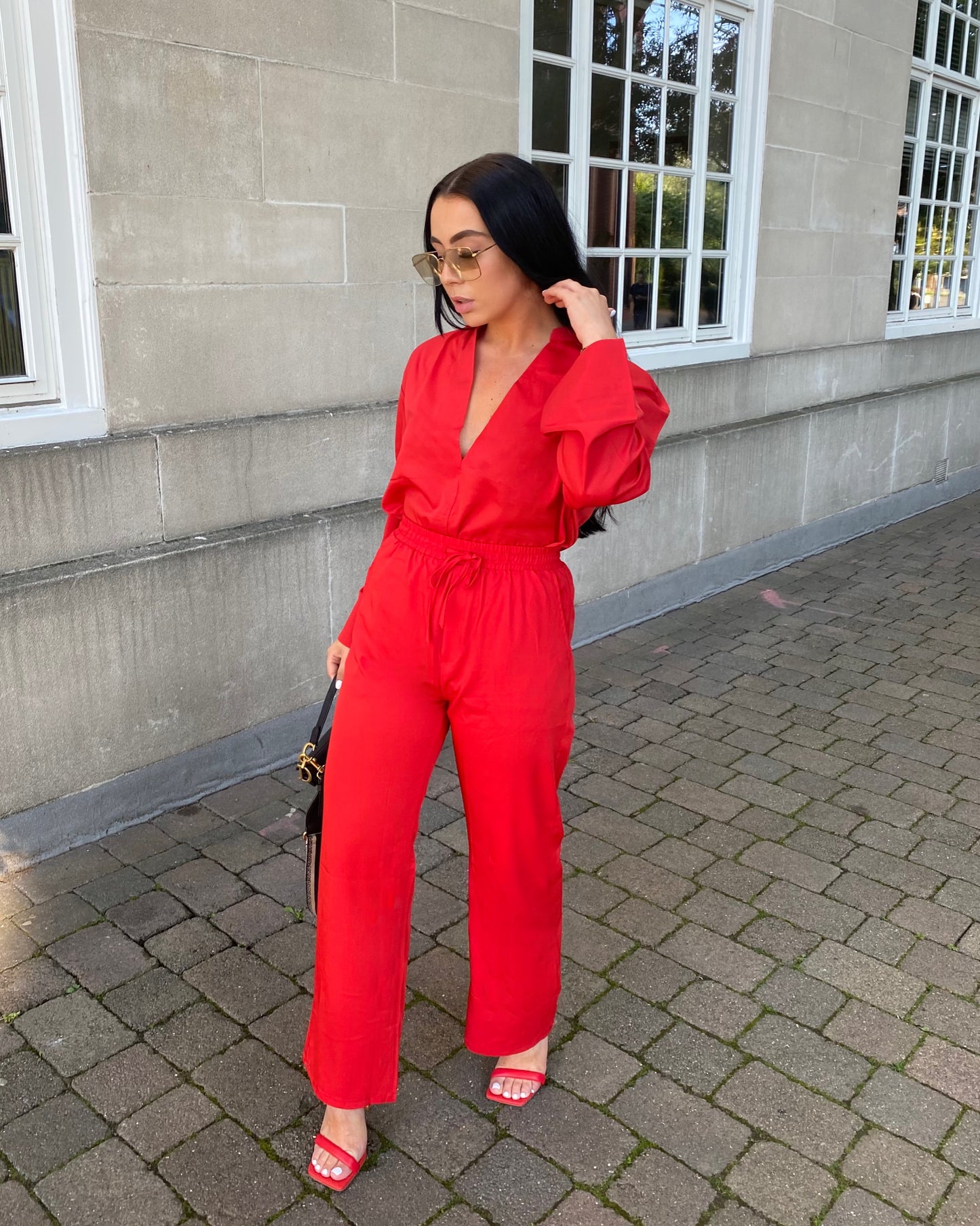RED V-NECK BLOUSE AND FLARE TROUSER CO-ORD