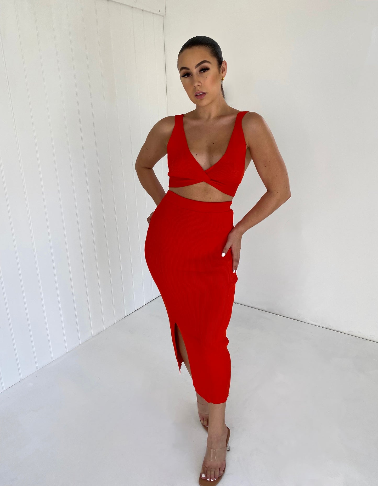 RED KNIT BRALET AND SLIT LEG MIDI SKIRT