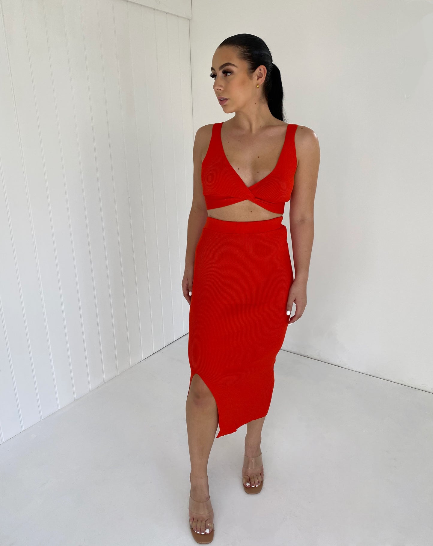 RED KNIT BRALET AND SLIT LEG MIDI SKIRT