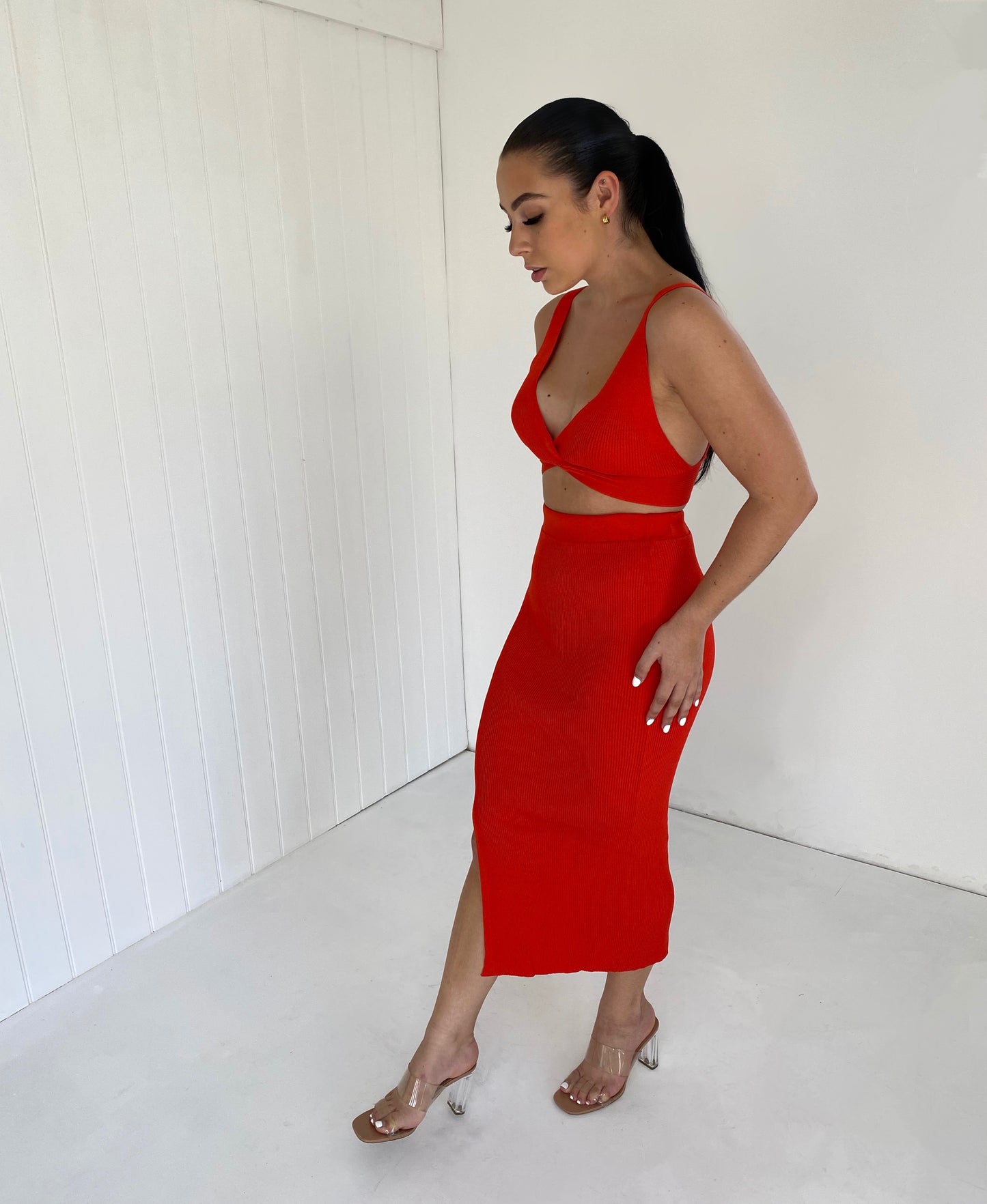 RED KNIT BRALET AND SLIT LEG MIDI SKIRT