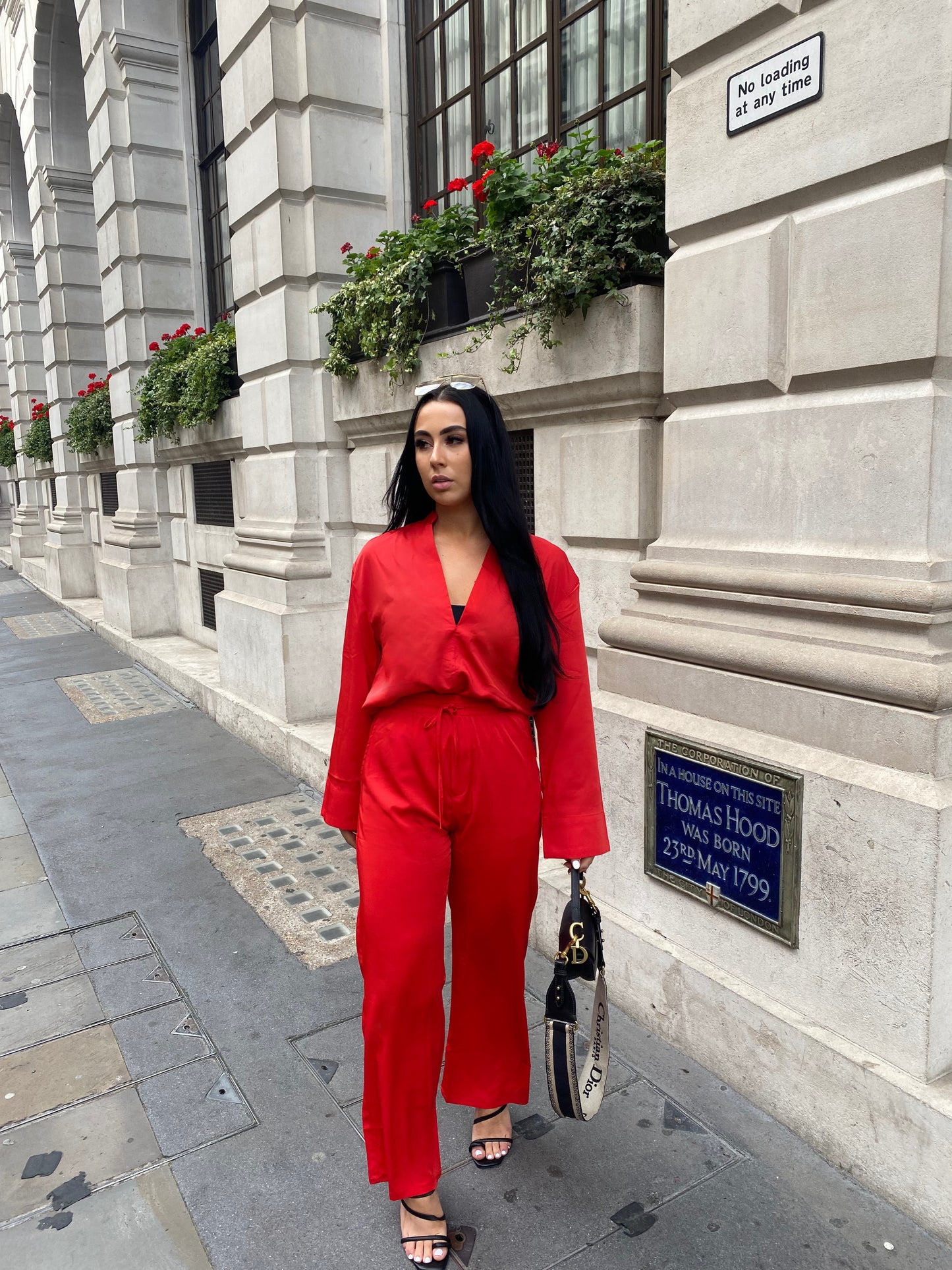 RED V-NECK BLOUSE AND FLARE TROUSER CO-ORD