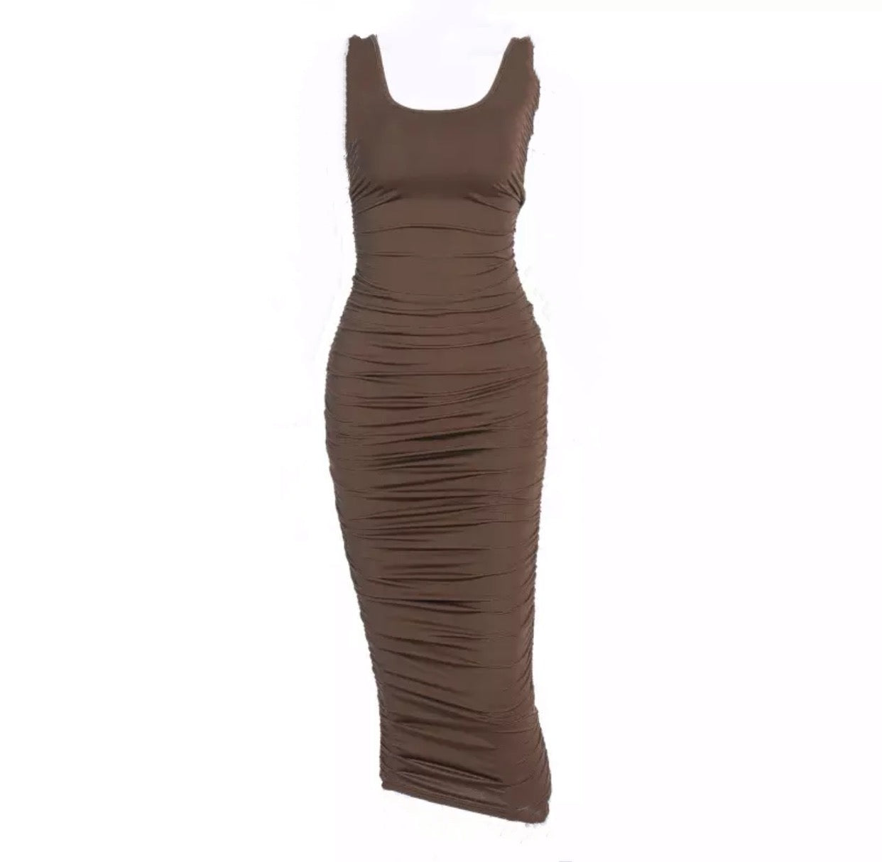 BROWN RUCHED MIDAXI DRESS