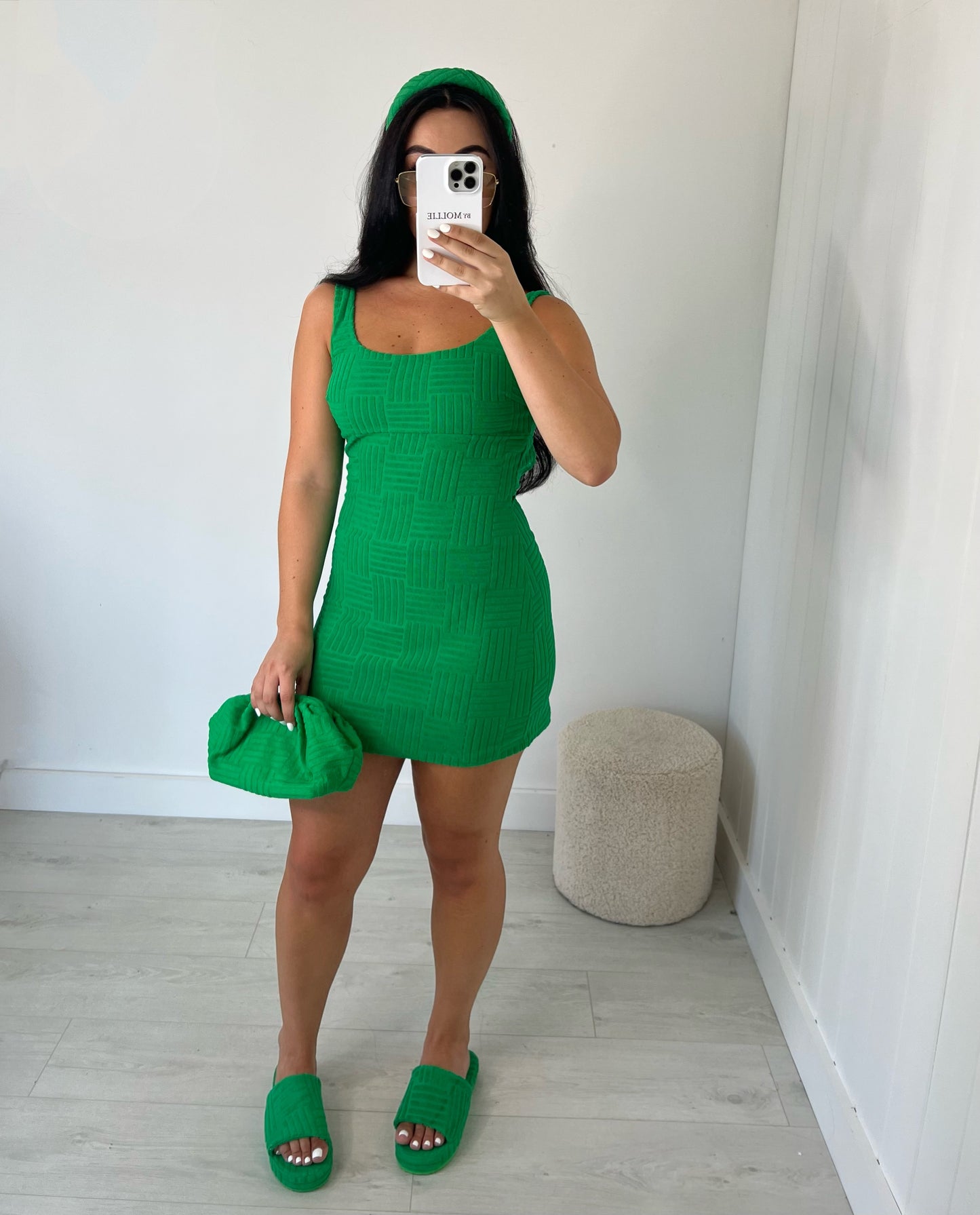 GREEN TOWELLING BACKLESS MINI DRESS