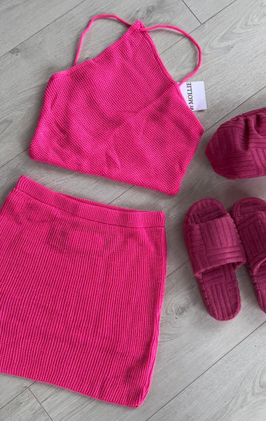 PINK KNIT HALTER CROP TOP AND MINI SKIRT CO-ORD