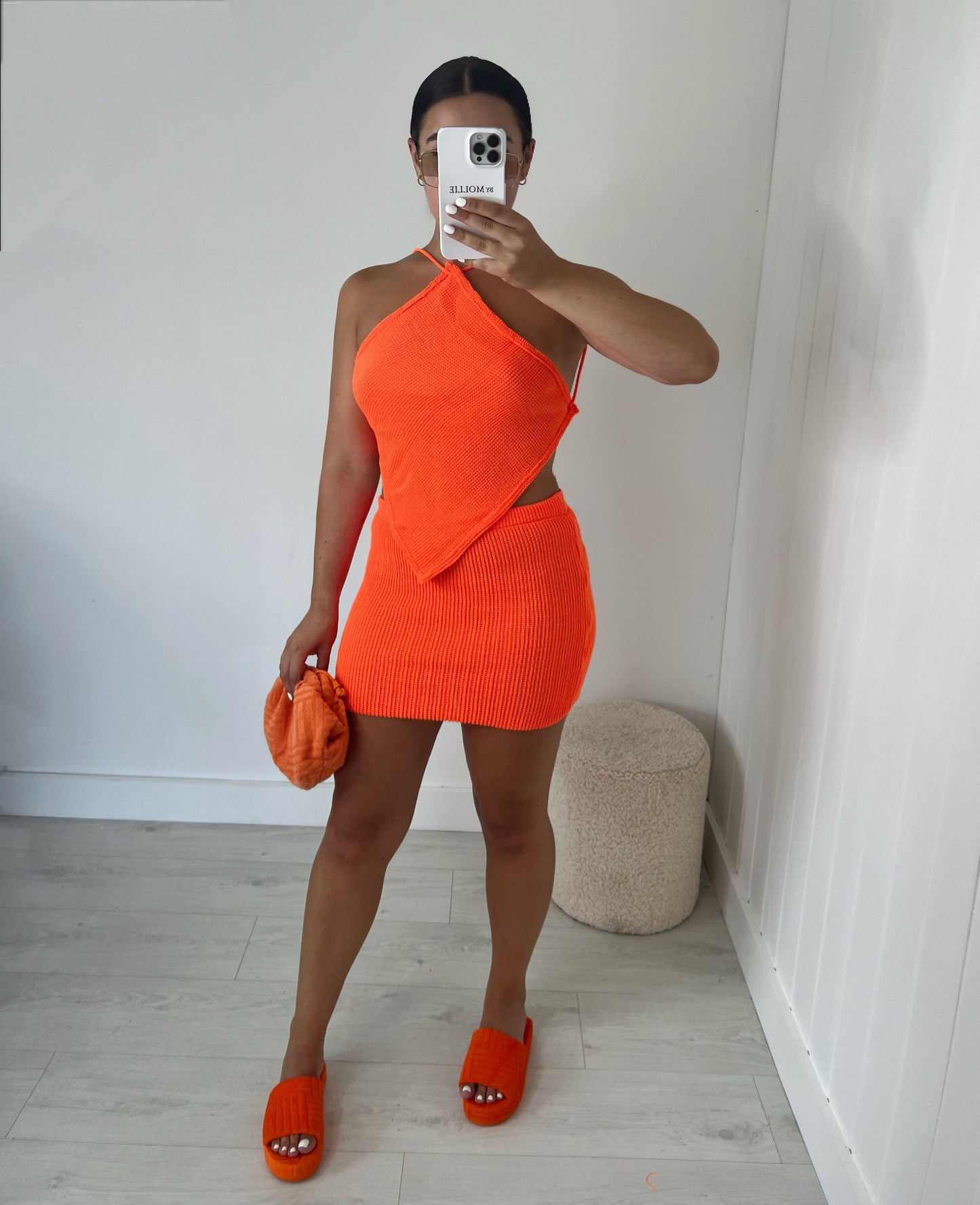 ORANGE KNIT HALTER CROP TOP AND MINI SKIRT CO-ORD