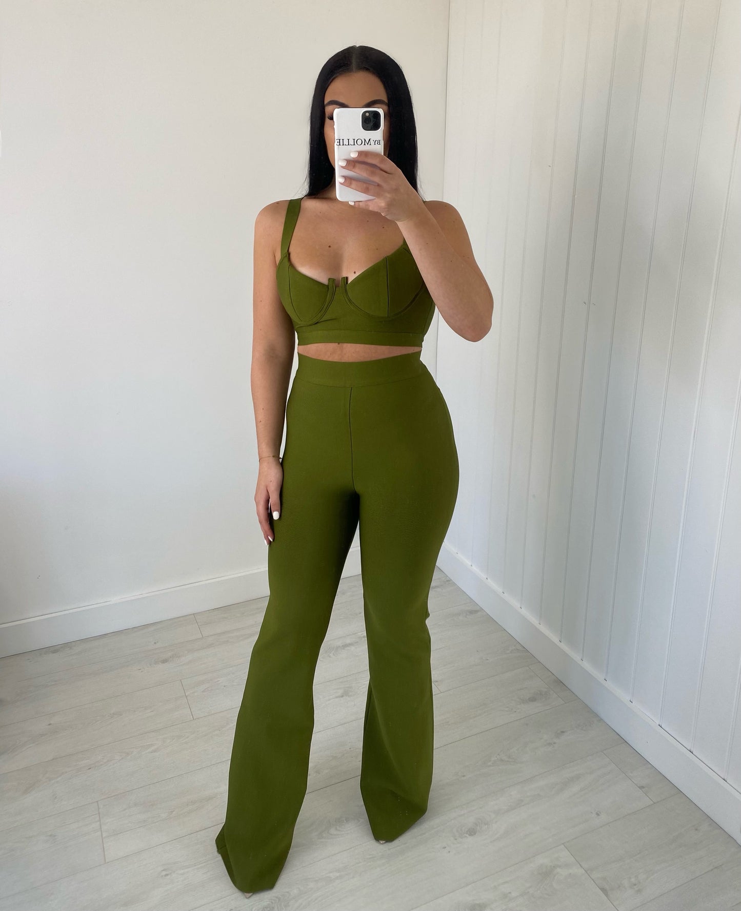 OLIVE GREEN BANDAGE BRALET AND FLARE TROUSER CO-ORD