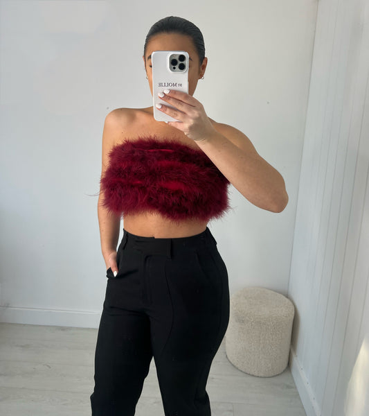 WINE RED FEATHER BUST BANDEAU CROP TOP