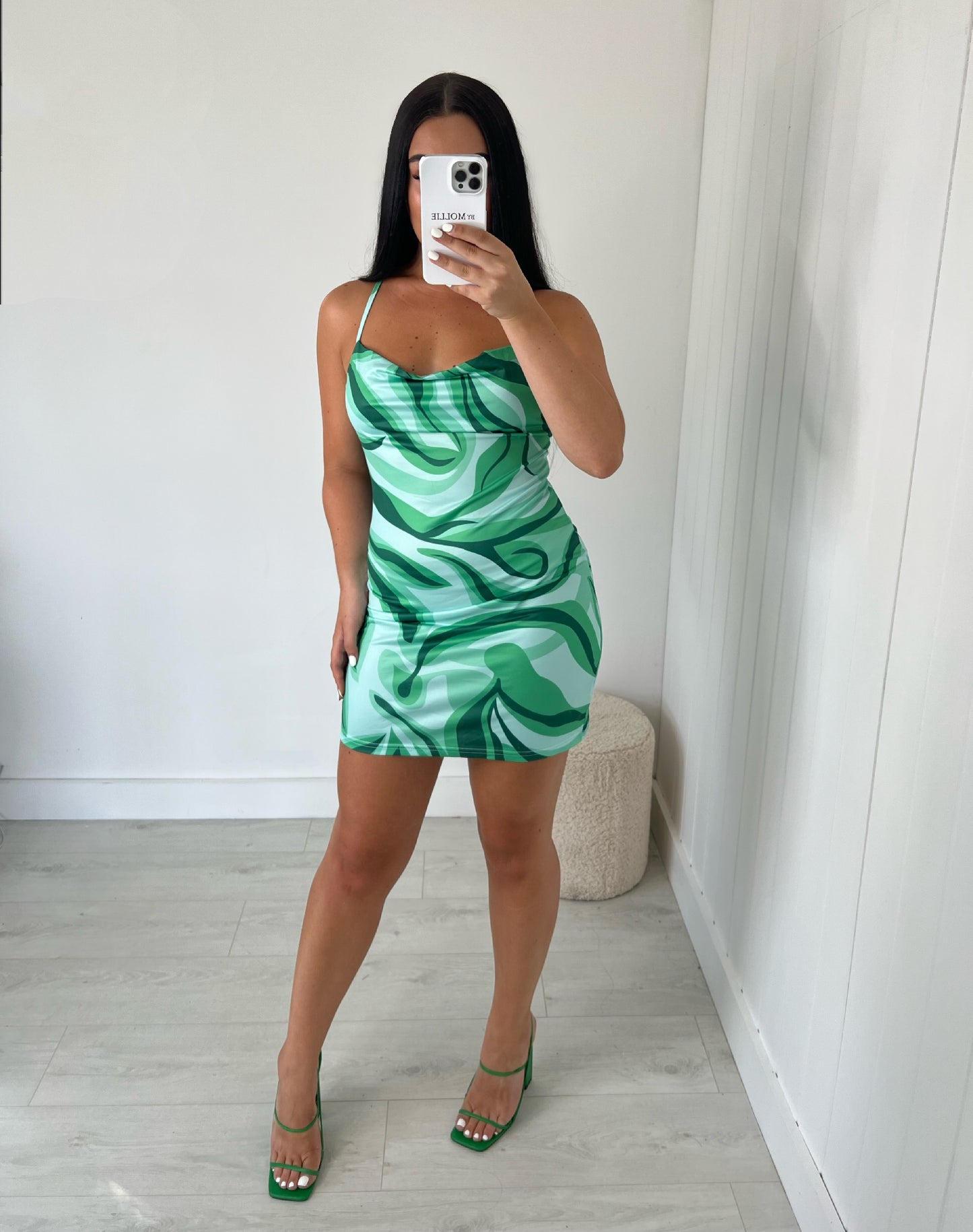 GREEN PRINTED CROSS BACK MINI DRESS