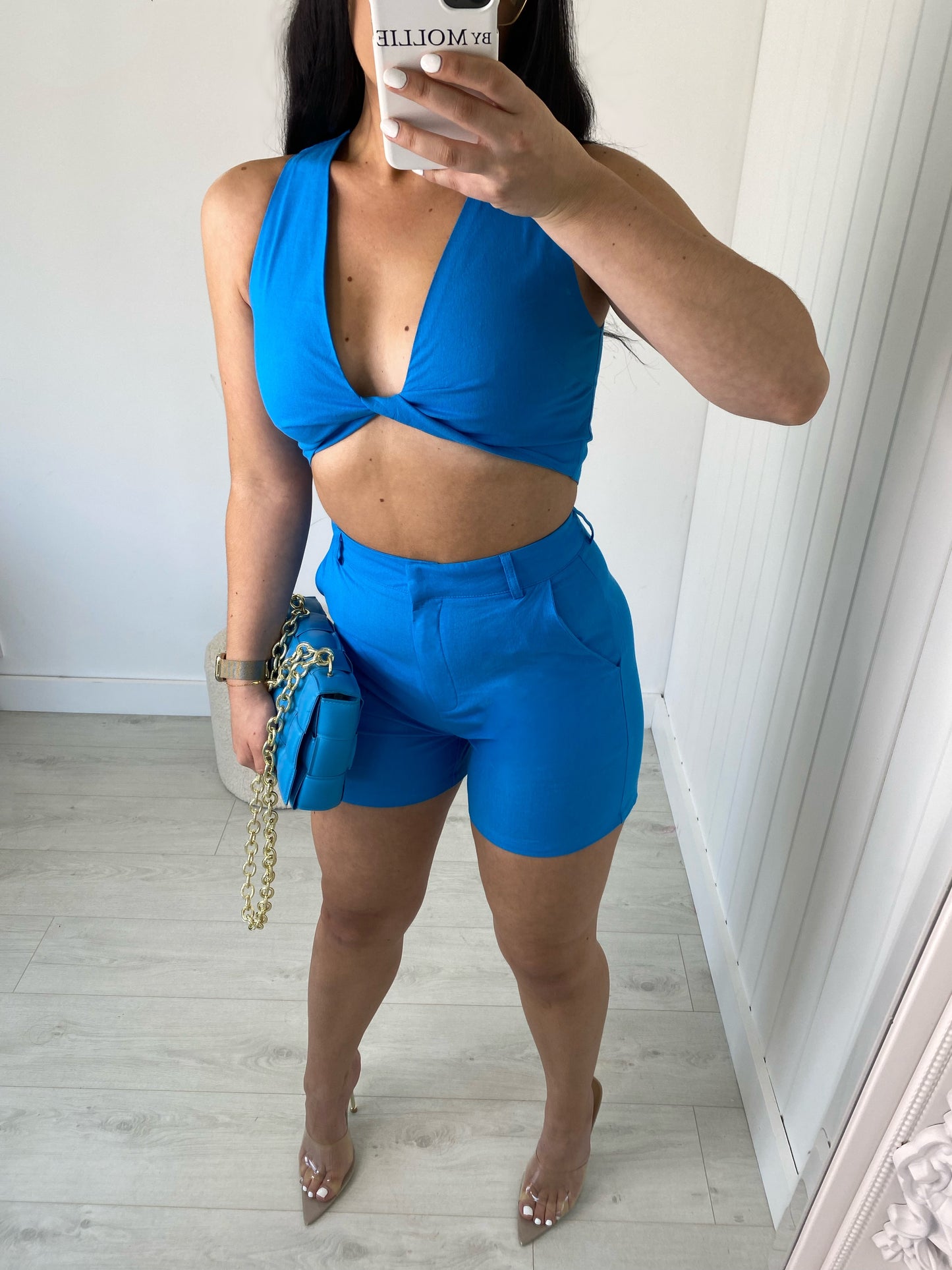 BLUE LINEN BLEND CROP TOP AND SHORTS CO-ORD