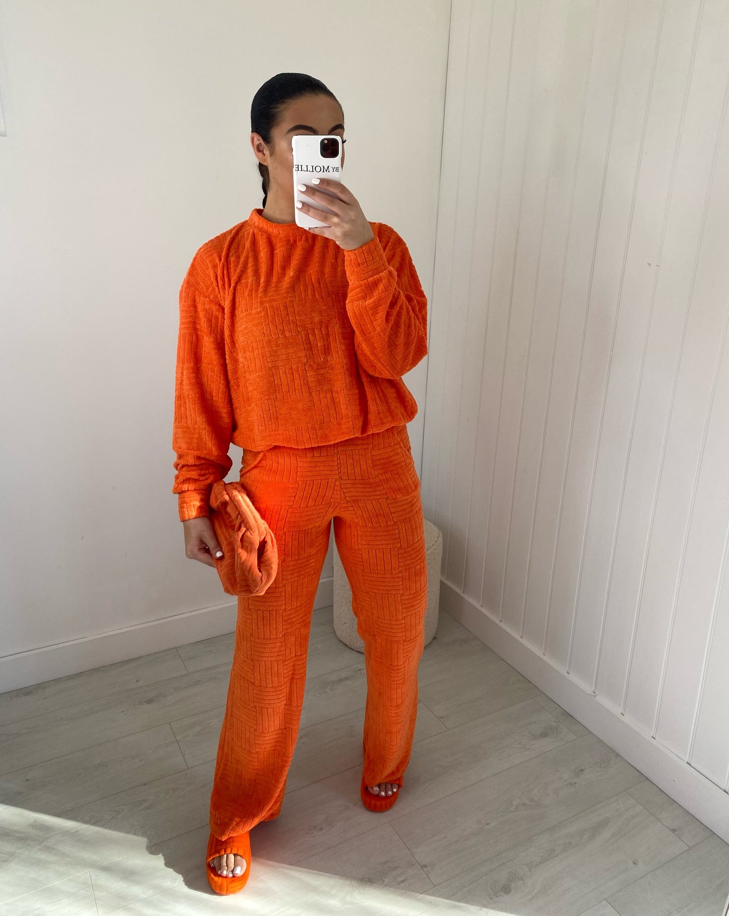ORANGE OVERSIZED TOWELLING SWEATSHIRT AND WIDE LEG TROUSER CO-ORD