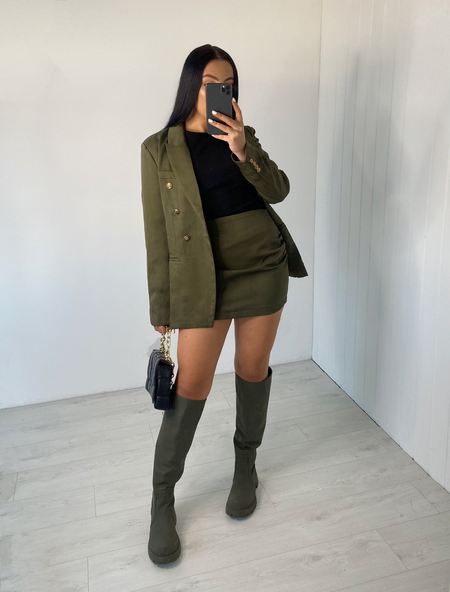 KHAKI GOLD BUTTON BLAZER AND SIDE RUCHED MINI SKIRT CO-ORD