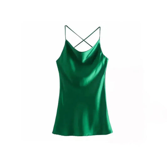 GREEN SATIN CROSS BACK MINI DRESS