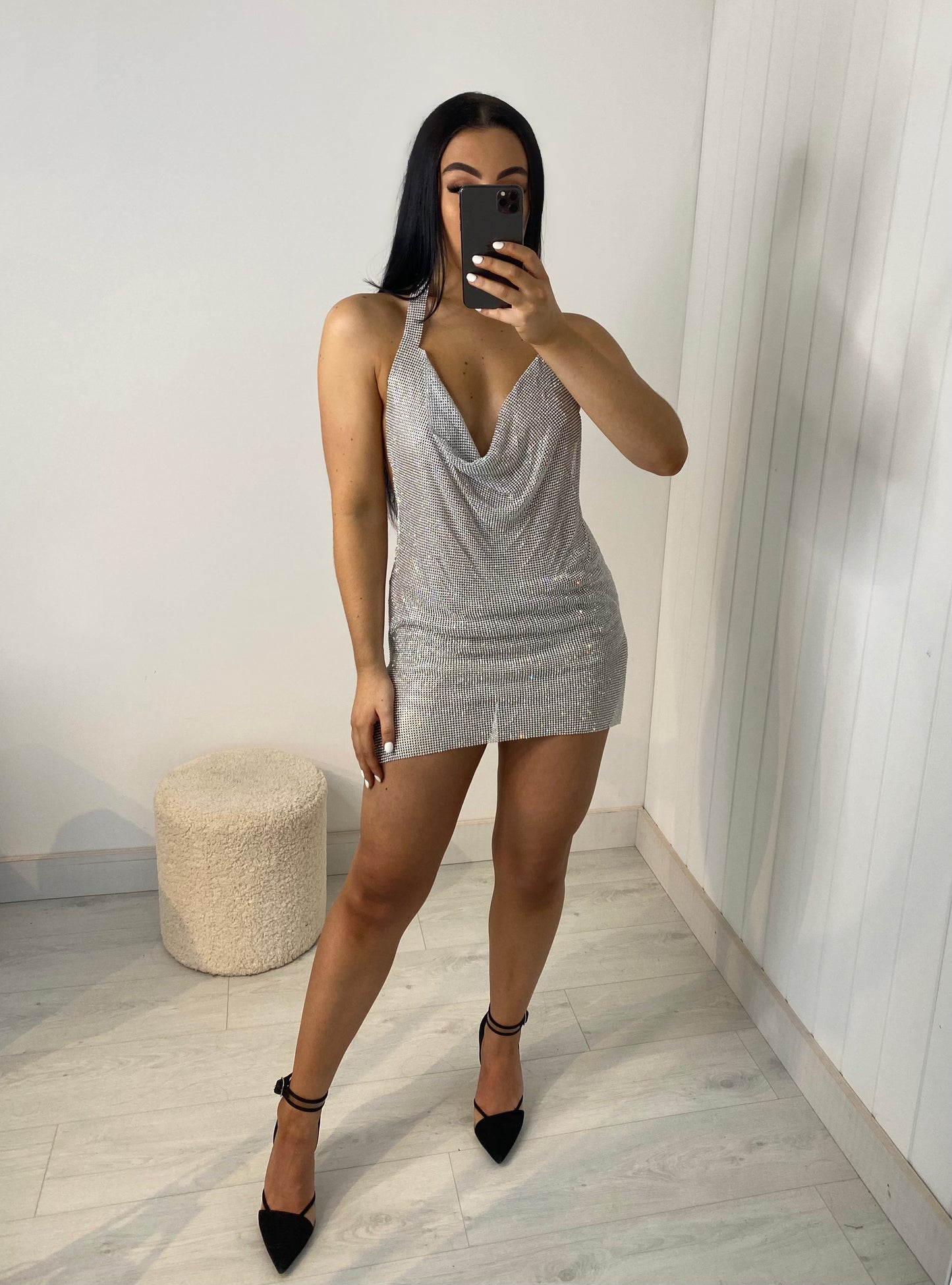 DIAMANTÉ COWL NECK BACKLESS MINI DRESS