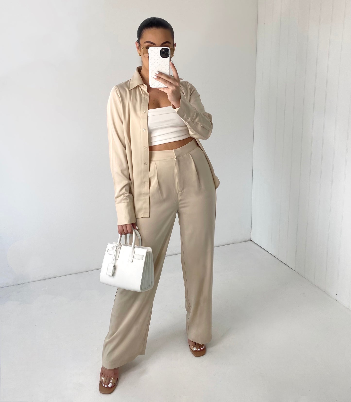 BEIGE SATIN SHIRT AND FLARE TROUSER CO-ORD