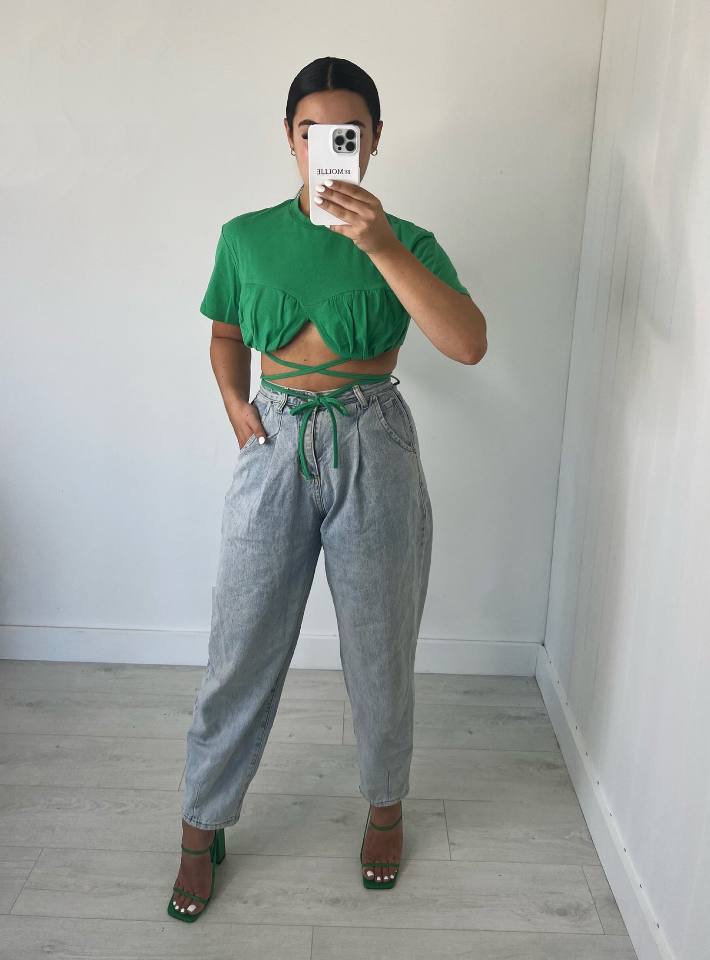 GREEN TIE DETAIL CROP T SHIRT