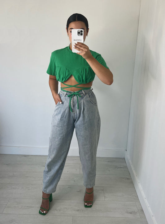 GREEN TIE DETAIL CROP T SHIRT