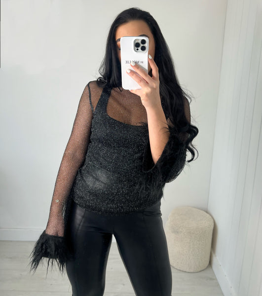 GLITTER MESH SHEER TOP WITH FLUFF SLEEVES