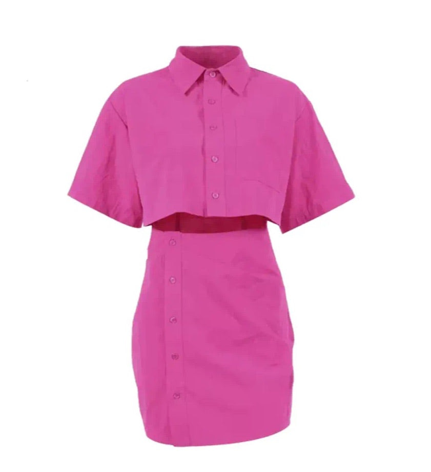 PINK CUT OUT SHORT SLEEVE RUCHED SHIRT DRESS