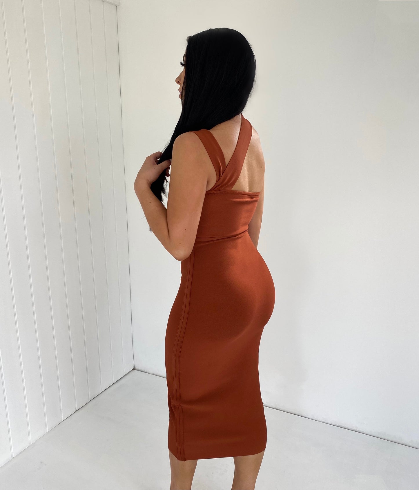BRONZE BANDAGE CUT OUT MIDI DRESS