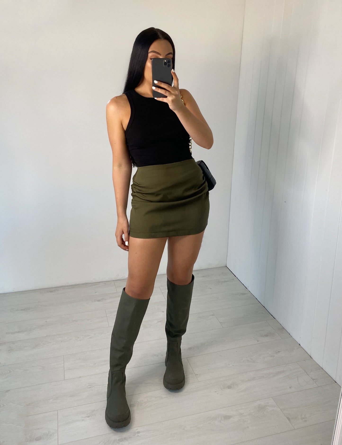 KHAKI GOLD BUTTON BLAZER AND SIDE RUCHED MINI SKIRT CO-ORD