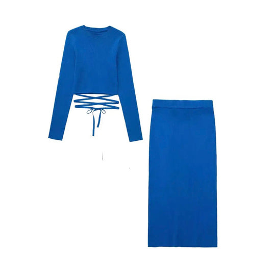 BLUE LONG SLEEVE KNIT TOP AND SKIRT CO-ORD