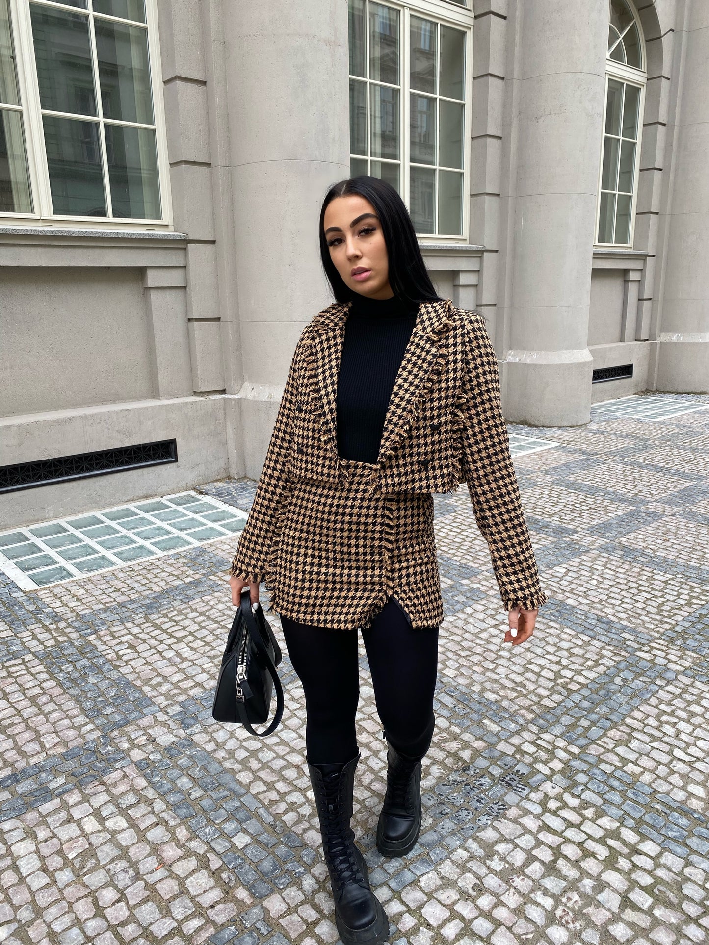 CAMEL AND BLACK TWEED CROP BLAZER AND SIDE SPLIT MINI SKIRT CO-ORD