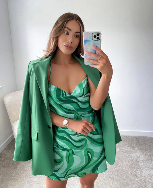 GREEN PRINTED CROSS BACK MINI DRESS
