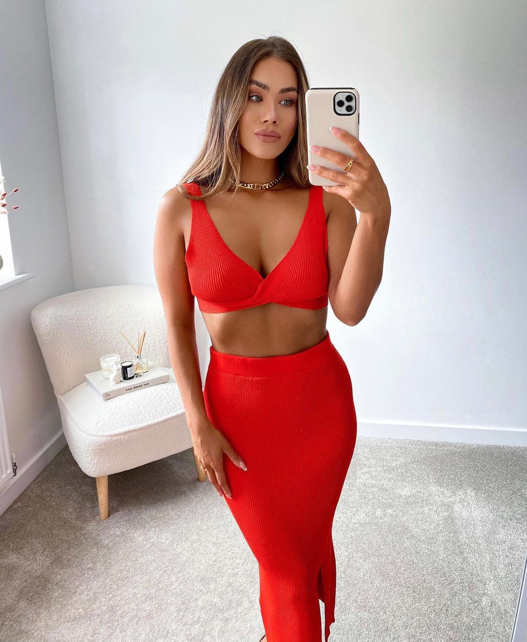 RED KNIT BRALET AND SLIT LEG MIDI SKIRT