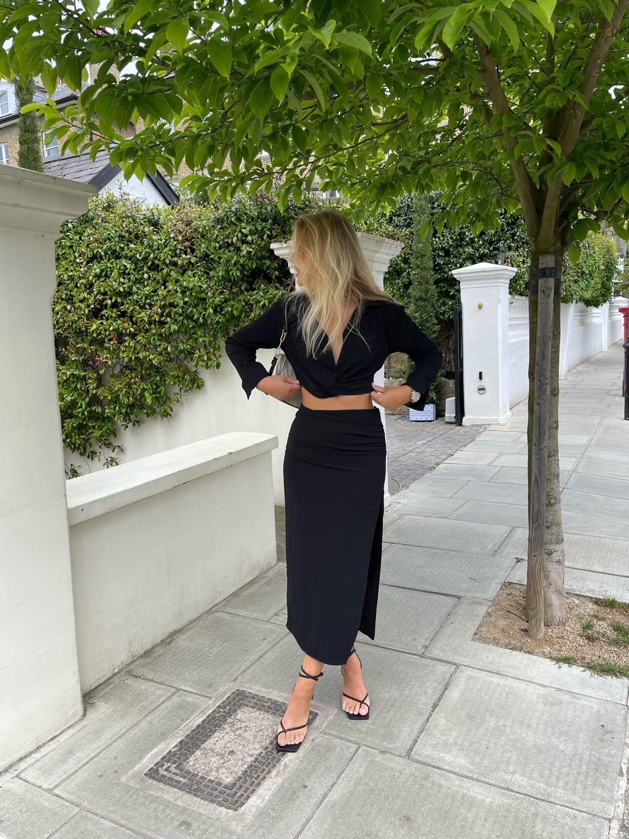 BLACK CROP SHIRT AND SIDE SPLIT MIDI SKIRT CO-ORD