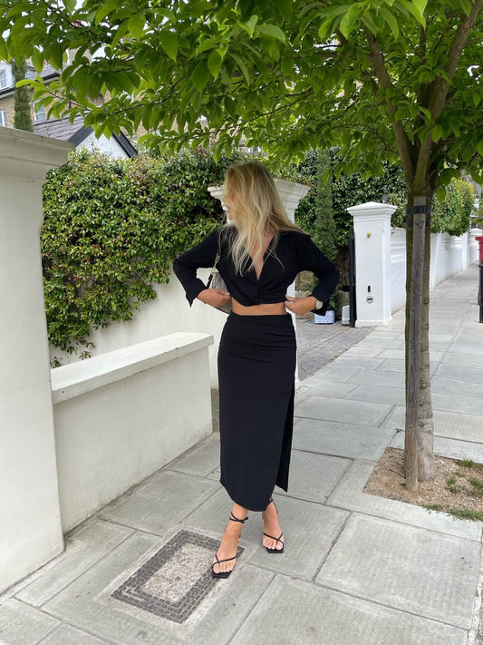 BLACK CROP SHIRT AND SIDE SPLIT MIDI SKIRT CO-ORD