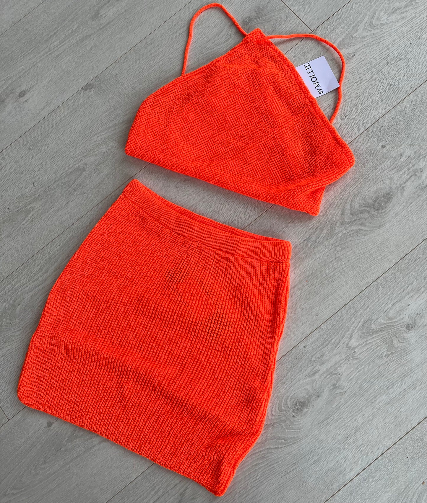 ORANGE KNIT HALTER CROP TOP AND MINI SKIRT CO-ORD