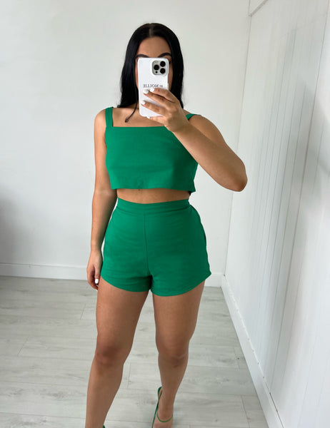 GREEN LINEN BLEND CROP TOP AND SHORTS CO-ORD