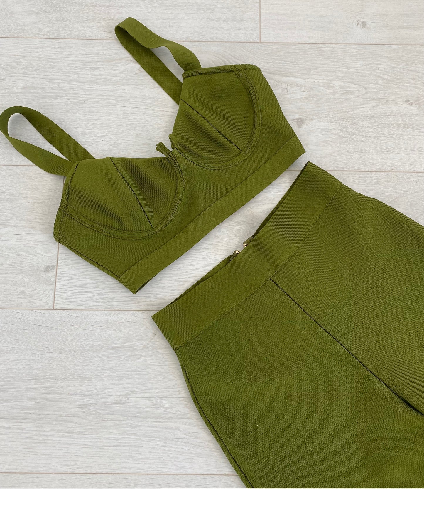 OLIVE GREEN BANDAGE BRALET AND FLARE TROUSER CO-ORD