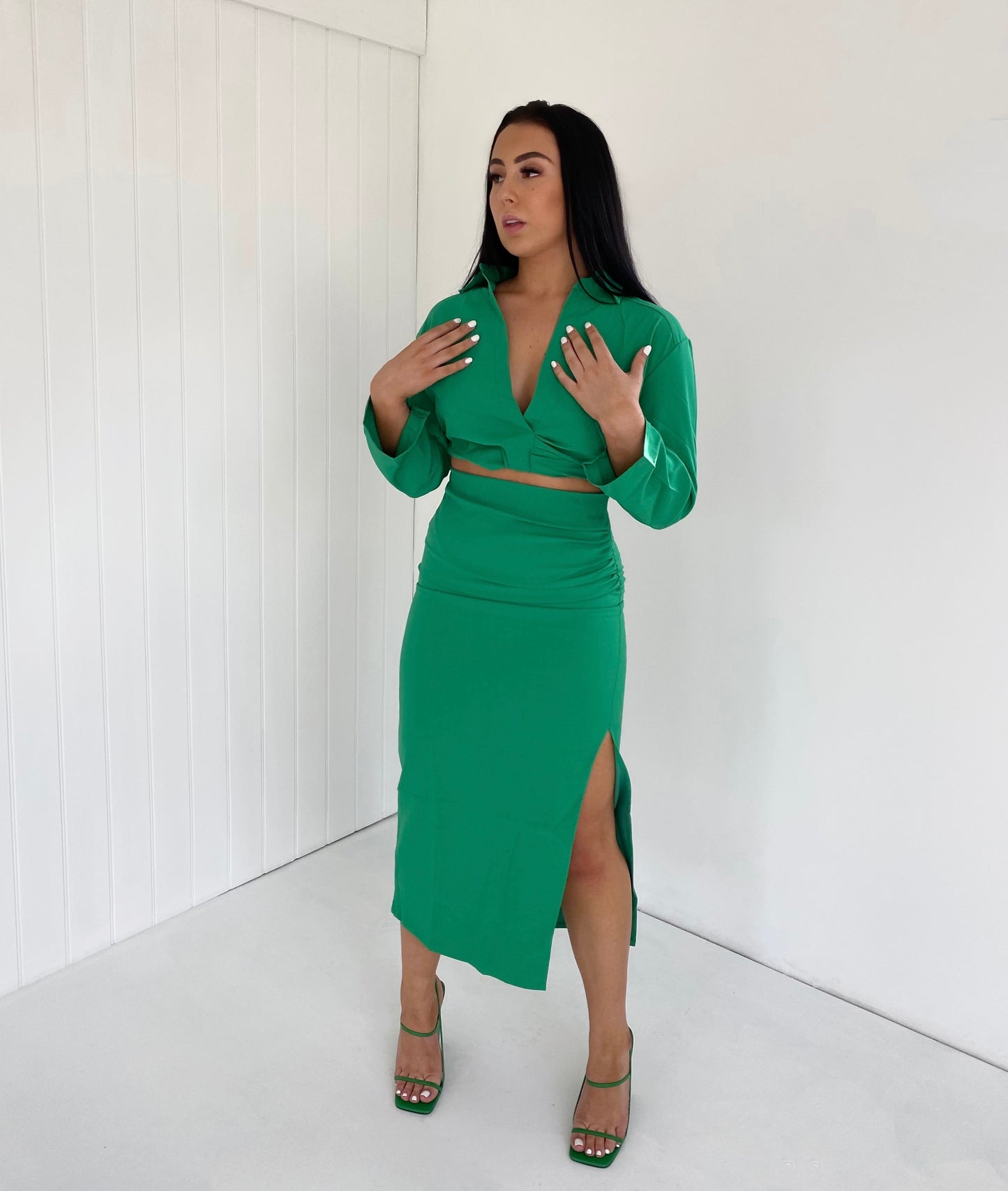 GREEN CROP SHIRT AND SIDE SPLIT MIDI SKIRT CO-ORD