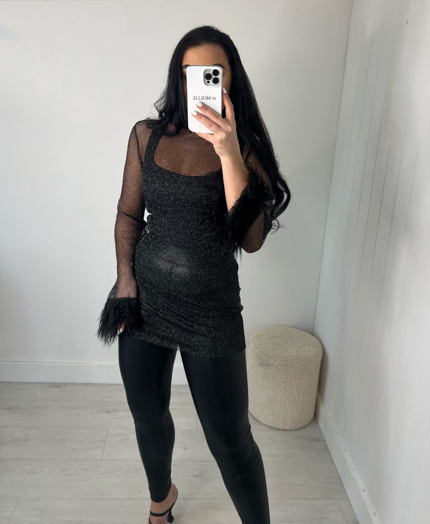 GLITTER MESH SHEER TOP WITH FLUFF SLEEVES