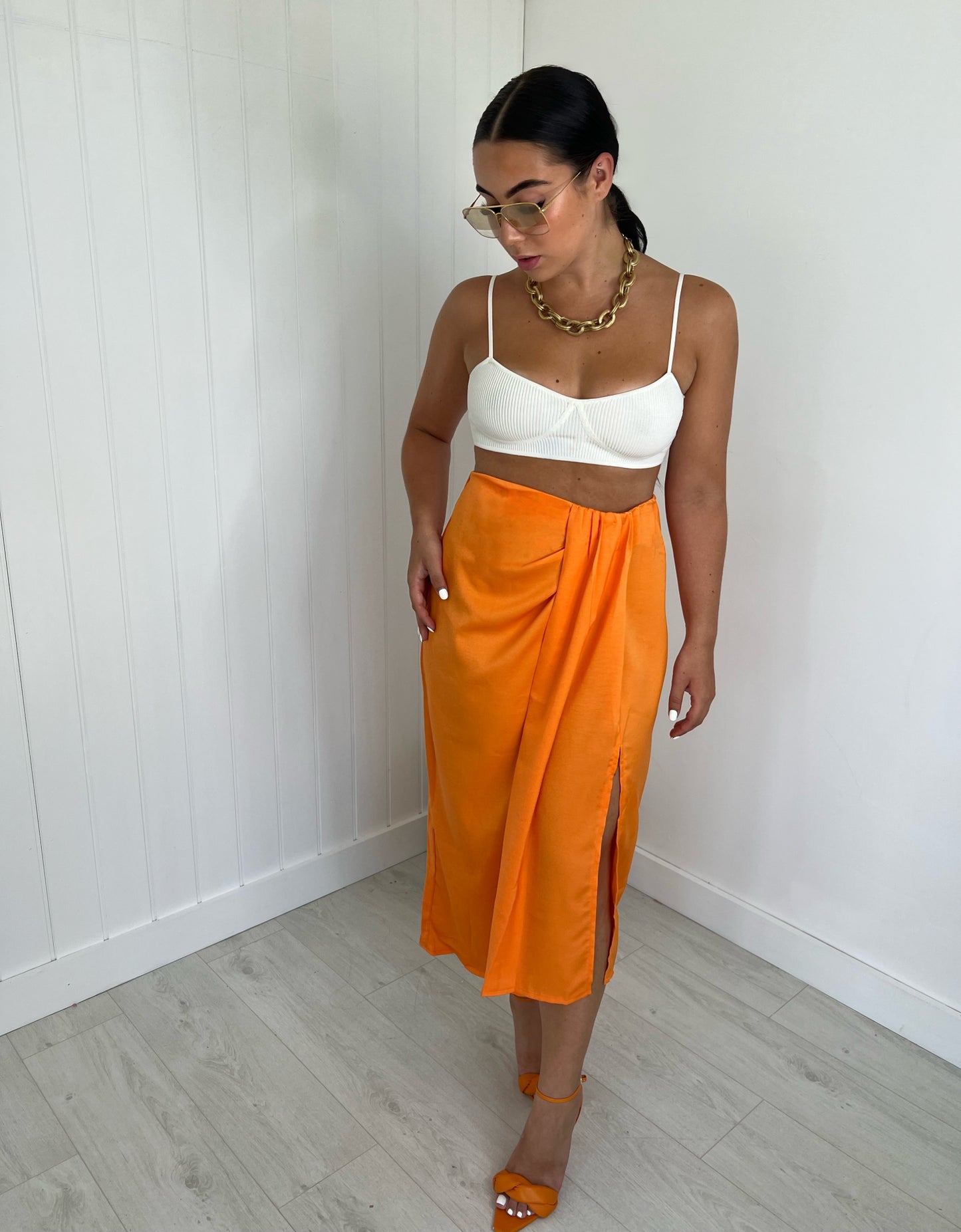 ORANGE GATHERED SPLIT MIDI SKIRT