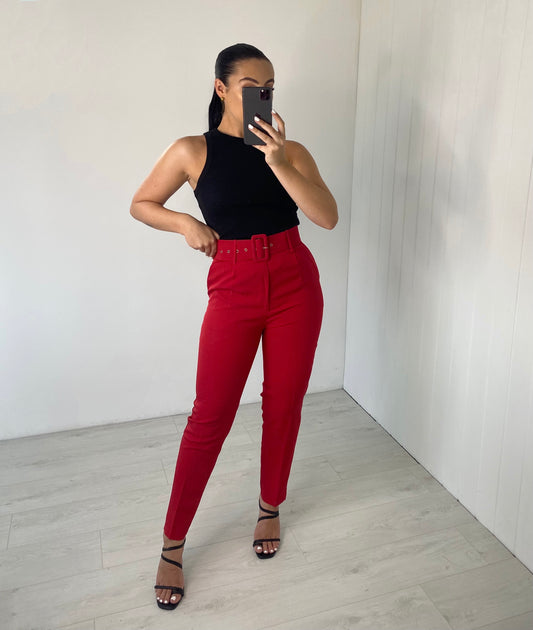 RED BELTED HIGH WAIST CIGARETTE TROUSER