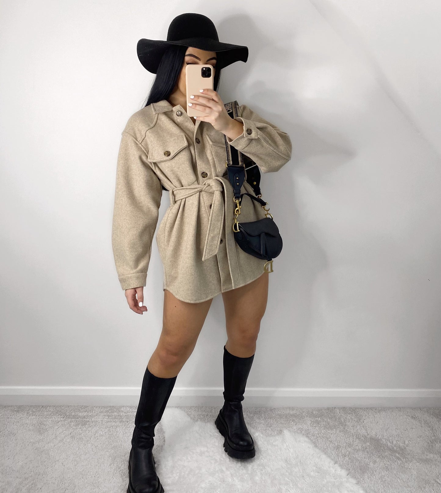 BEIGE BELTED WOOL LOOK SHACKET OVERSHIRT