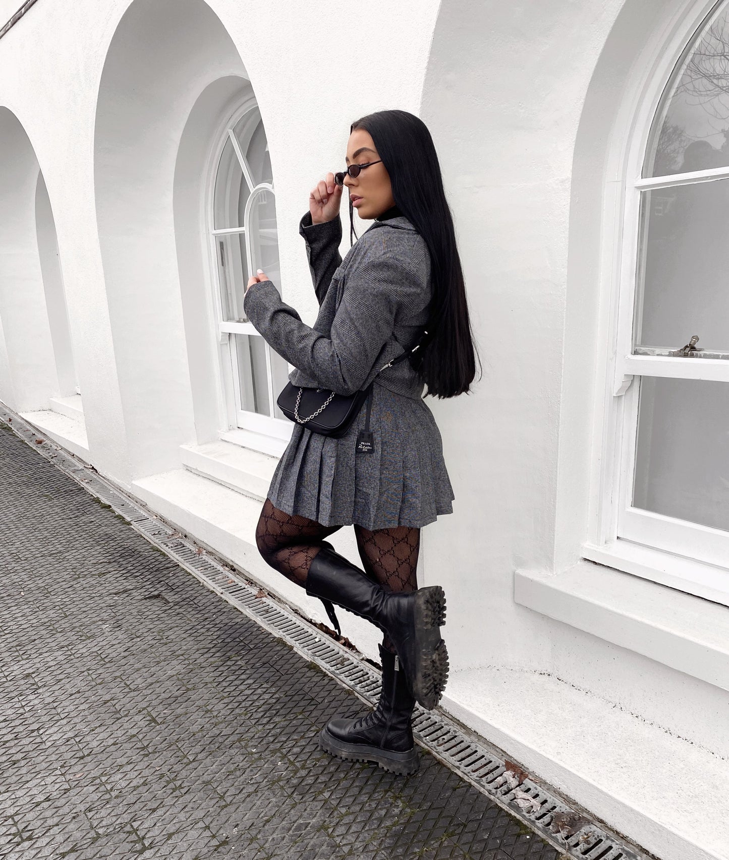 GREY CHECK CROP BLAZER AND PLEATED MINI SKIRT CO-ORD