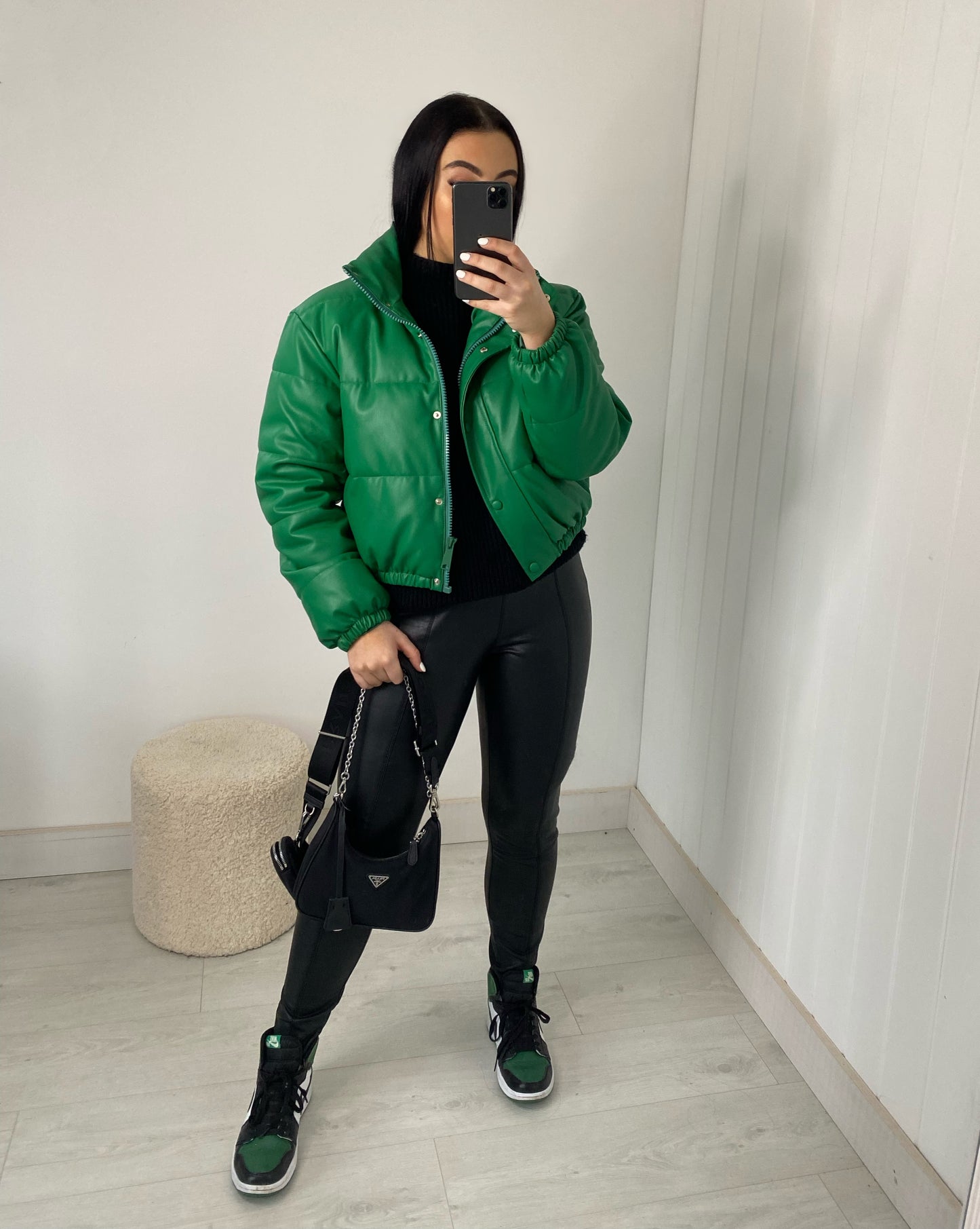 GREEN VEGAN LEATHER PUFFER JACKET