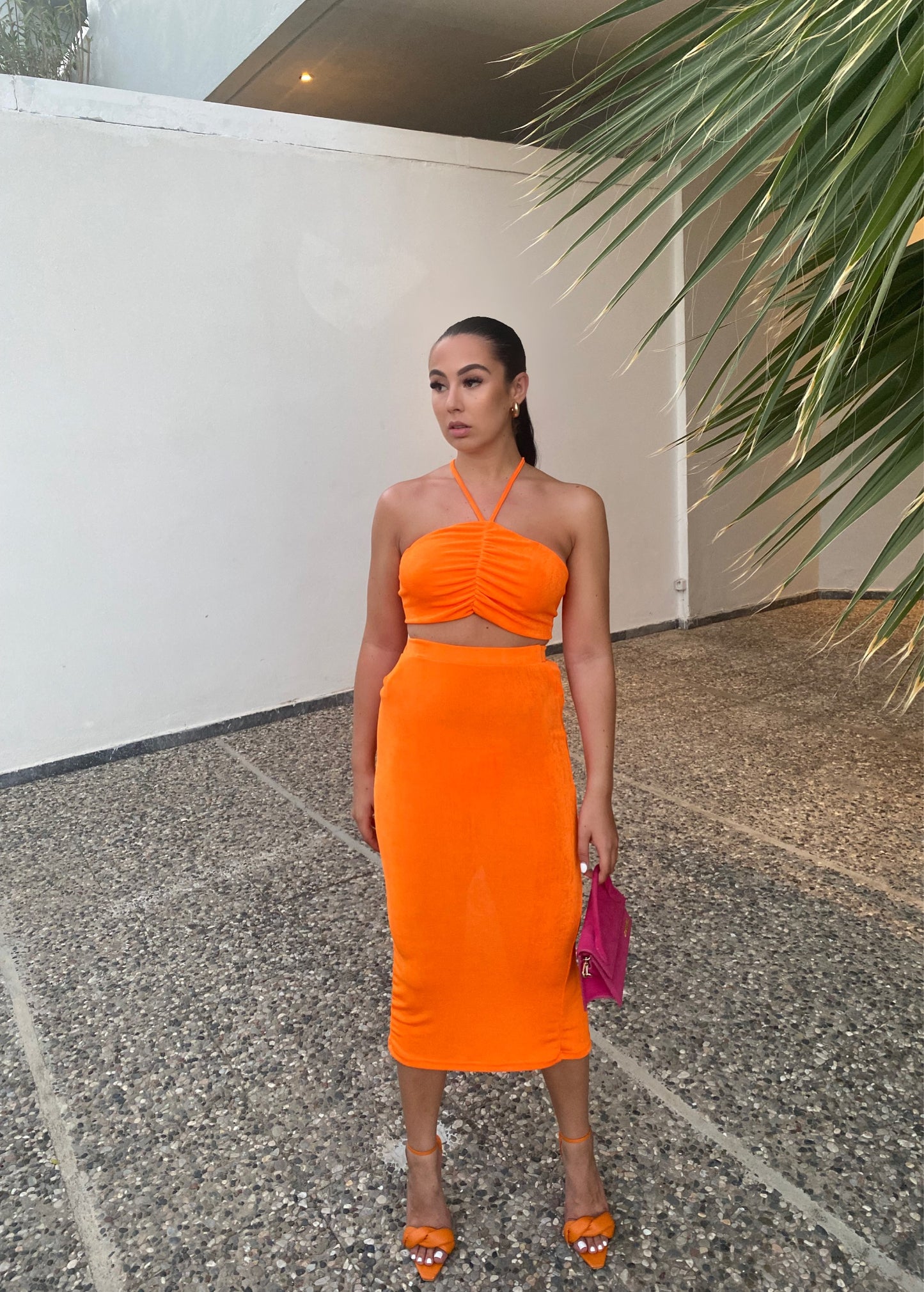 ORANGE SHEER RUCHED CROP TOP AND SPLIT BACK MIDI SKIRT