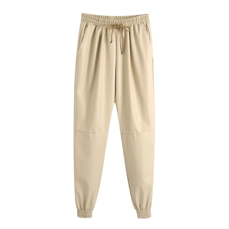 CREAM VEGAN FAUX LEATHER JOGGERS