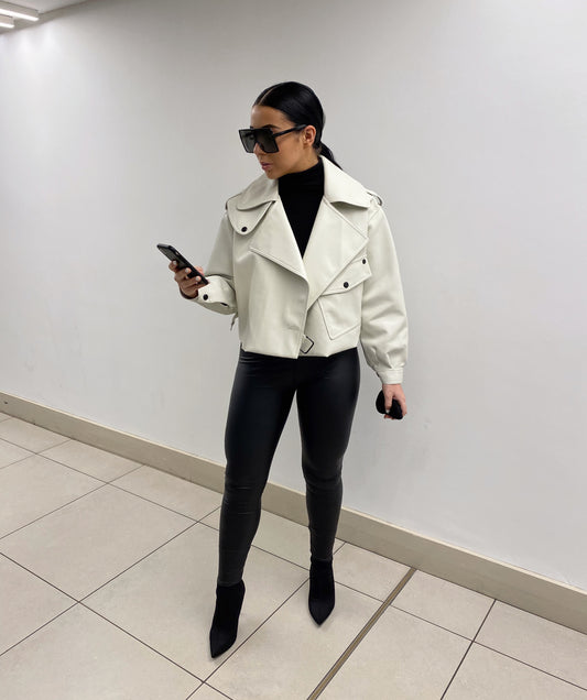 CREAM OVERSIZED VEGAN LEATHER JACKET